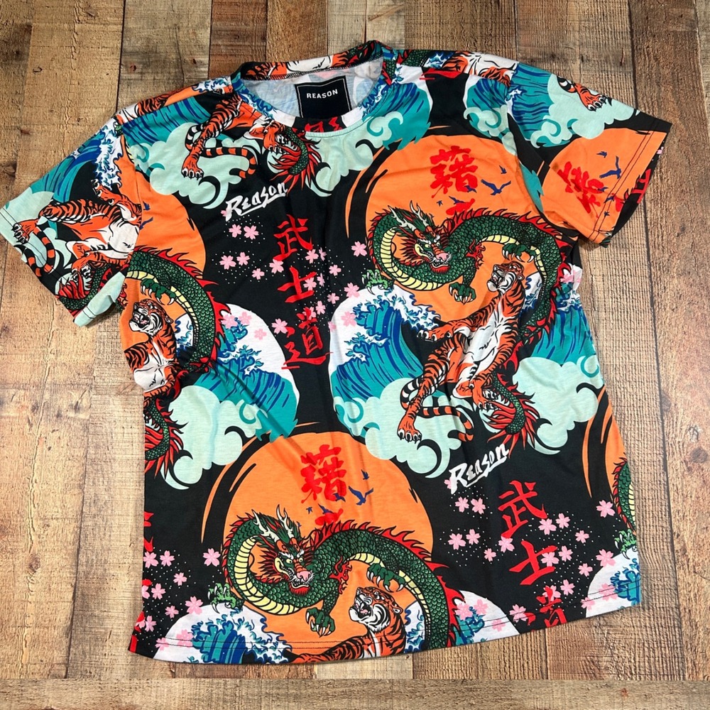 Reason Clothing Dragon Tiger Wave All Over Print Tee Men 3XL Japanese Streetwear